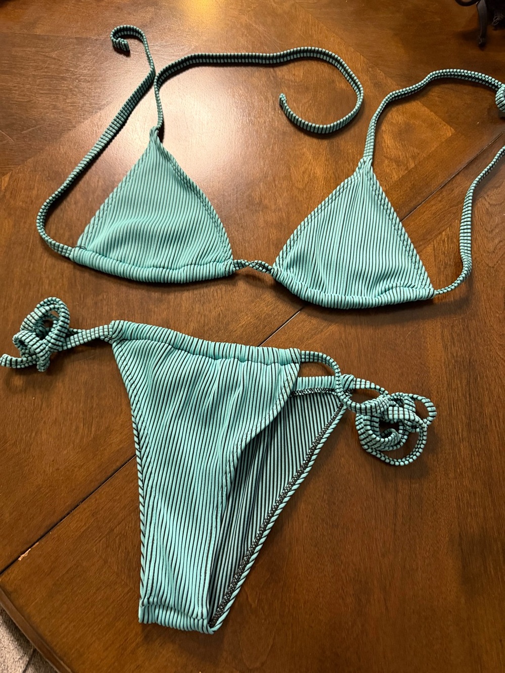 Turquoise Pinstripe String Bikini Set